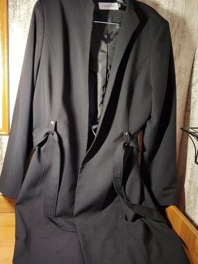 Calvin Klein Womens Black Open Front Belted Mid Length Coat Jacket Blazer Duster